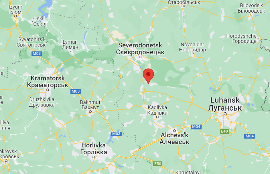 Vị trí làng Toshkivka (chấm đỏ) ở ngoại ô Severodonetsk. Đồ họa: Google Maps.