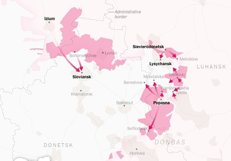 Các mũi tiến quân của lực lượng Nga ở tỉnh Lugansk. Đồ họa: NY Times.