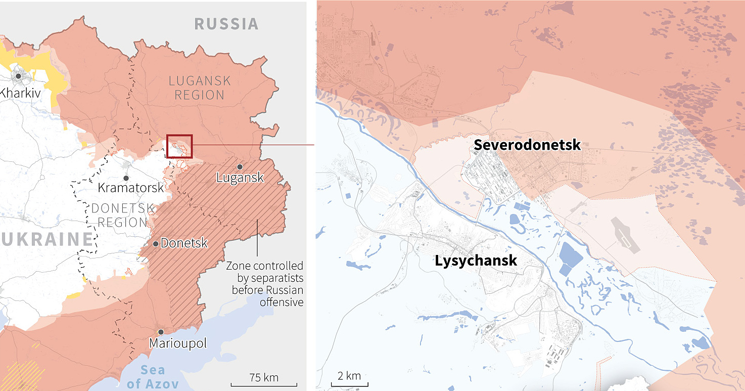 Vị trí thành phố Severodonetsk và Lysychansk thuộc tỉnh Lugansk, miền đông Ukraine. Đồ họa: CGTN.