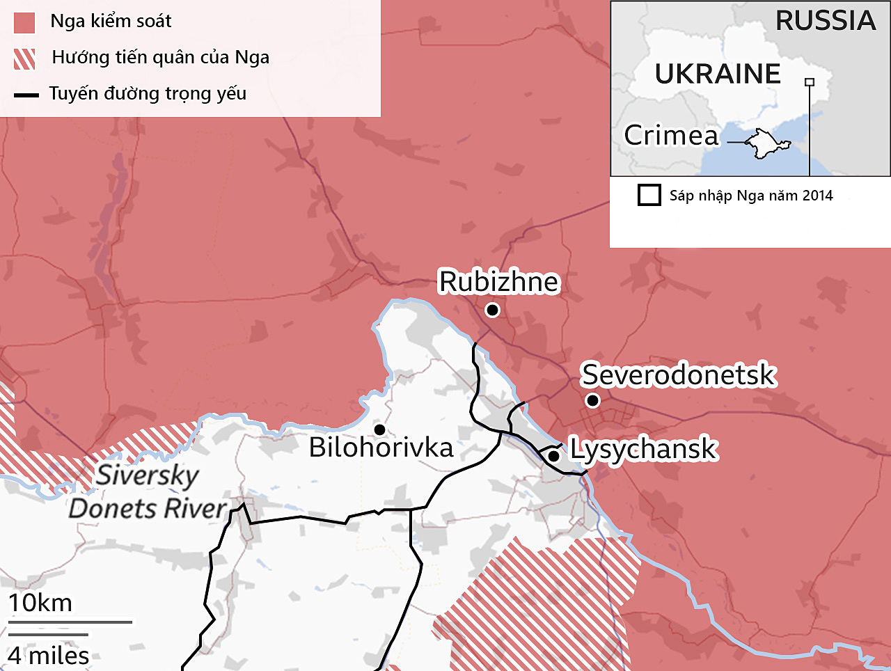 Cục diện chiến trường ở Lugansk, đông Ukraine. Đồ họa: BBC.