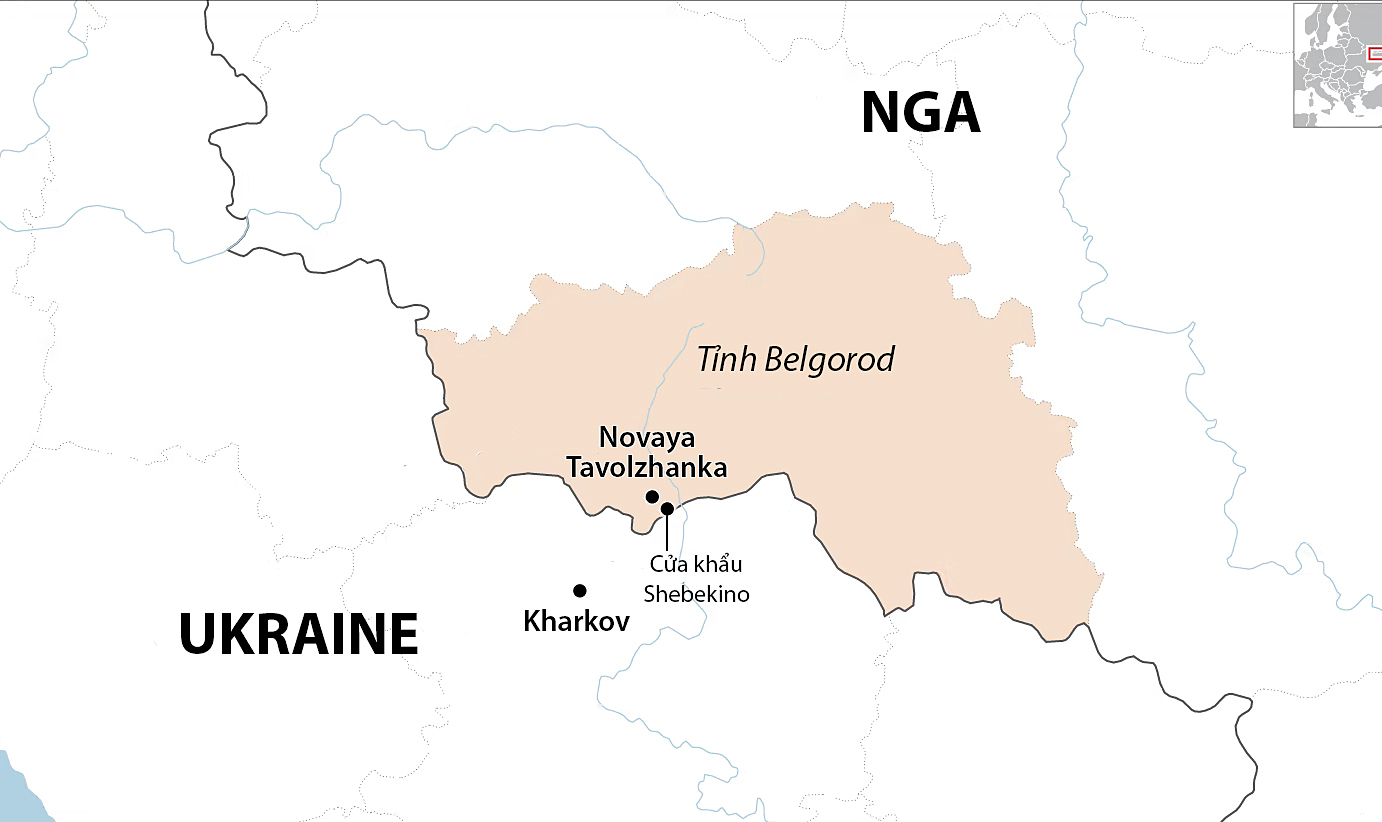 Vị trí khu dân cư Novaya Tavolzhanka và cửa khẩu Shebekino tại tỉnh  Belgorod, Nga. Đồ họa: FT