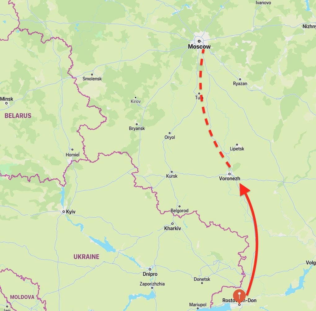 Vị trí các thành phố Rostov-on-Don, Voronezh và thủ đô Moskva của Nga. Đồ họa: Google Maps.