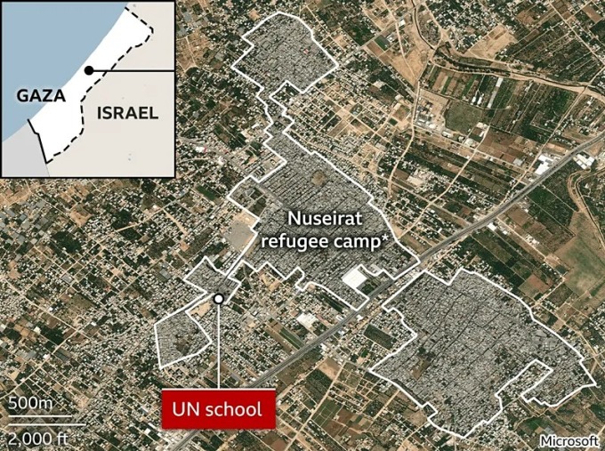 Vị trí trường học Liên Hơp Quốc bị Israel tập kích. Đồ họa: BBC