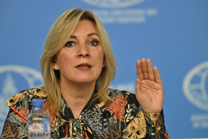 Phát ngôn viên Bộ Ngoại giao Nga Maria Zakharova tại cuộc họp báo ở Moskva tháng 4/2023. Ảnh: AFP