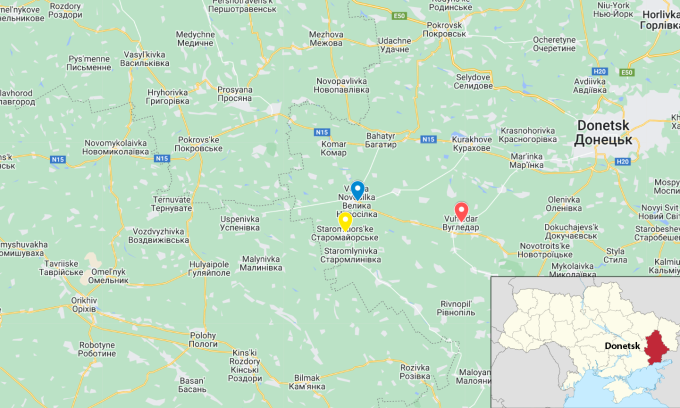 Vị trí Staromaiorske (vàng), Velyka Novosilka (xanh) và Vuhledar (đỏ). Đồ họa: Google Maps