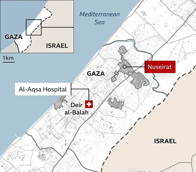 Vị trí trại tị nạn Nuseirat, miền trung Gaza. Đồ họa: BBC