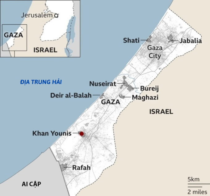 Vị trí các đô thị ở Dải Gaza. Đồ họa:BBC