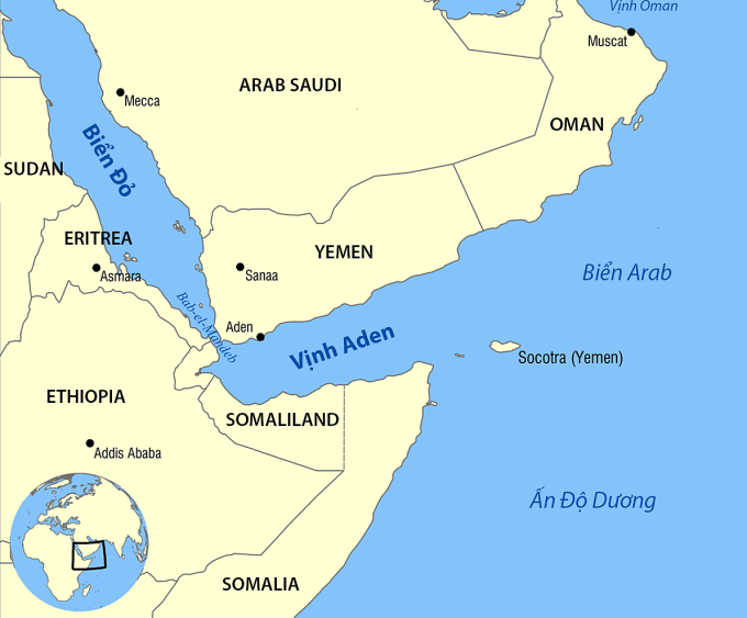 Vị trí Biển Đỏ, Vịnh Aden. Đồ họa: Wikimedia
