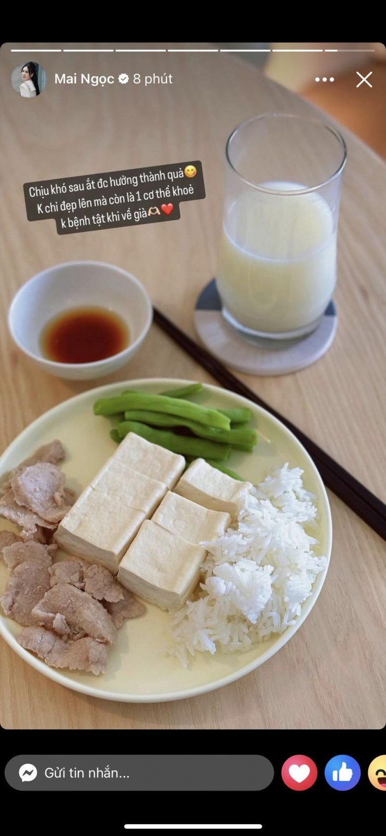 MC Mai Ngọc khoe bữa ăn giảm cân có phần đạm bạc nhưng vẫn đảm bảo cung cấp đủ chất cho cơ thể.