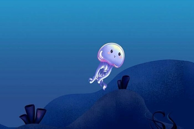 Sứa hoạt hình bơi dưới nước trong trò chơi PainWaive. Ảnh: PainWaive/UNSW Sydney