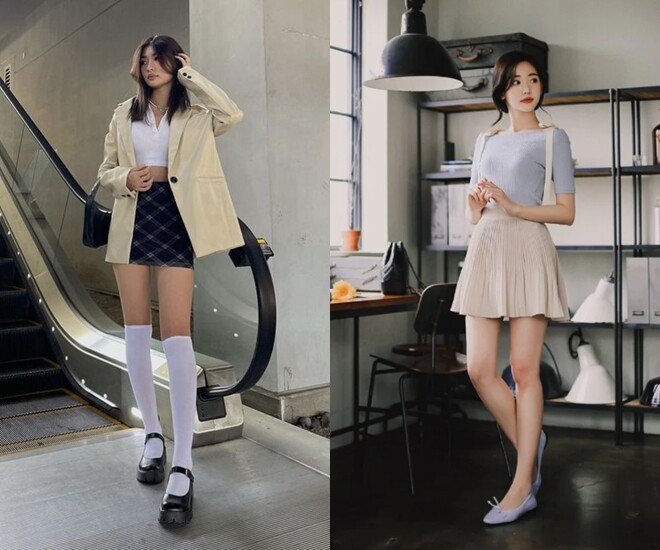 Phối váy ngắn với giày Mary Jane có quai ngang và tất cao tới gối trông thời trang và ấn tượng hơn, trong khi giày búp bê đơn giản dù không xấu nhưng khá đơn điệu.