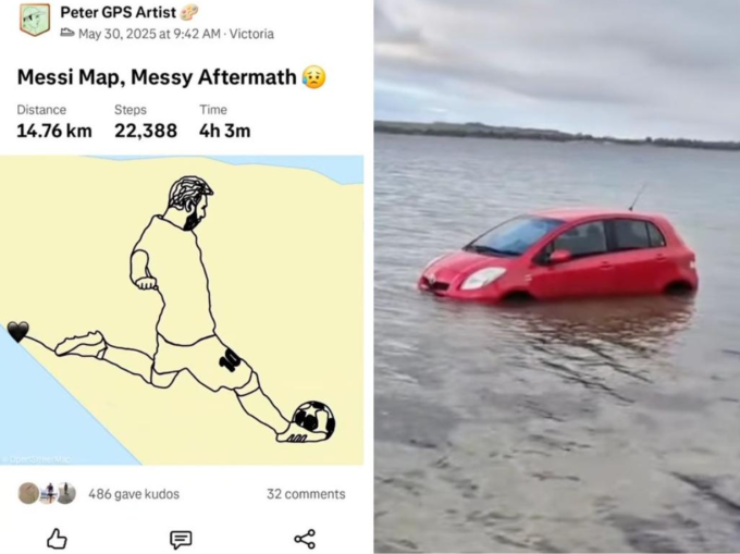 Tác phẩm chân dung Lionel Messi trên ứng dụng chạy bộ (trái) và chiếc xe bị thủy triều cuốn trôi của Peter Mitchell. Ảnh: Peter GPS Artist/Strava