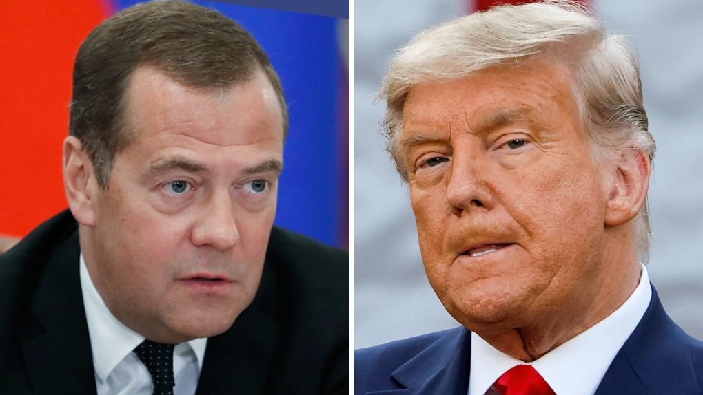 Phó chủ tịch Hội đồng An ninh Nga Dmitry Medvedev (trái) và Tổng thống Mỹ Donald Trump. Ảnh: X/Nexta