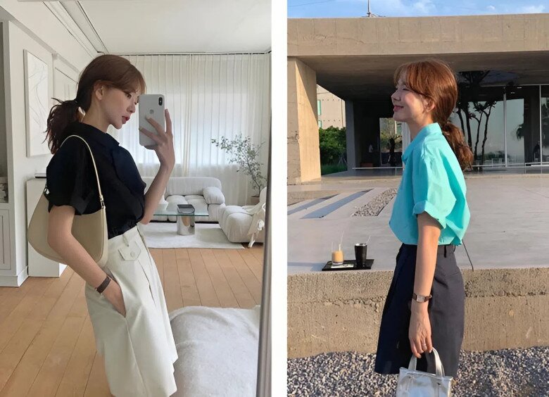 Áo có đường may sắc nét, gọn gàng kết hợp với việc sơ vin giúp chị em trông thon thả hơn.