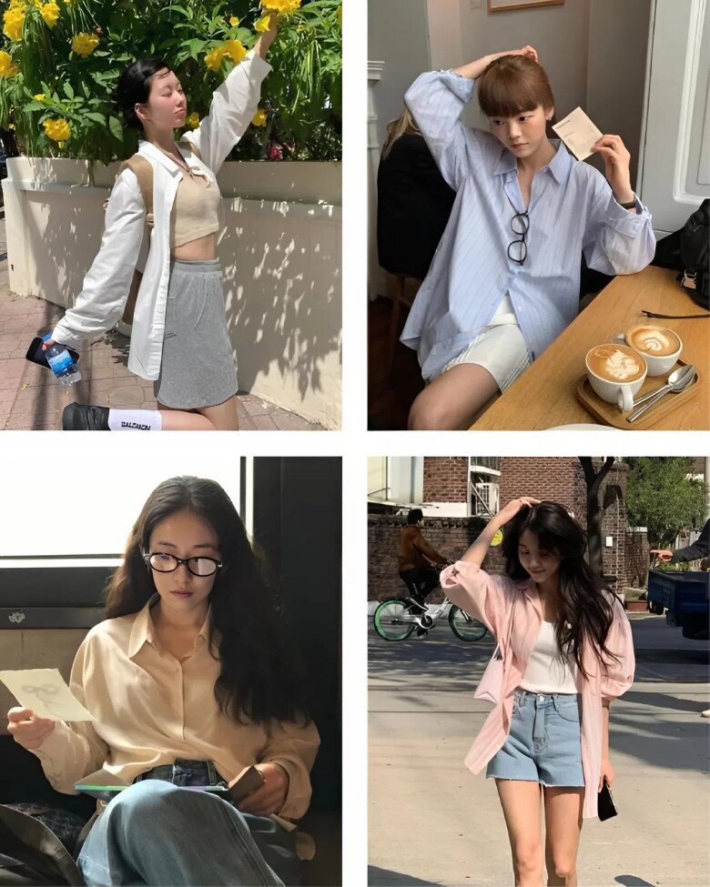 Nếu e ngại phần vai to, các nàng có thể phối thêm áo sơ mi oversize khoác ngoài áo ôm sát mặc trong.