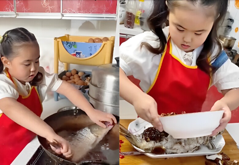 Cô bé sơ chế, tẩm ướp cá chuẩn bị làm món cá hấp thơm ngon.