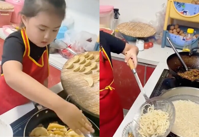 Em bé tự tay nhào bột gói bánh xếp, bánh bao.