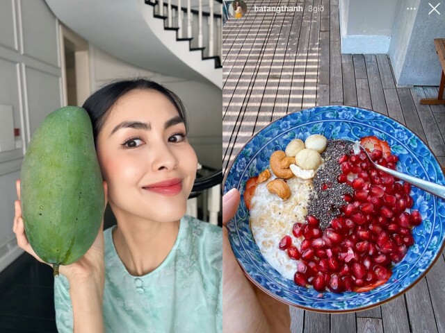 Tăng Thanh Hà thường xuyên sử dụng trái lựu như một loại thực phẩm chăm sóc sức khoẻ, da từ bên trong.