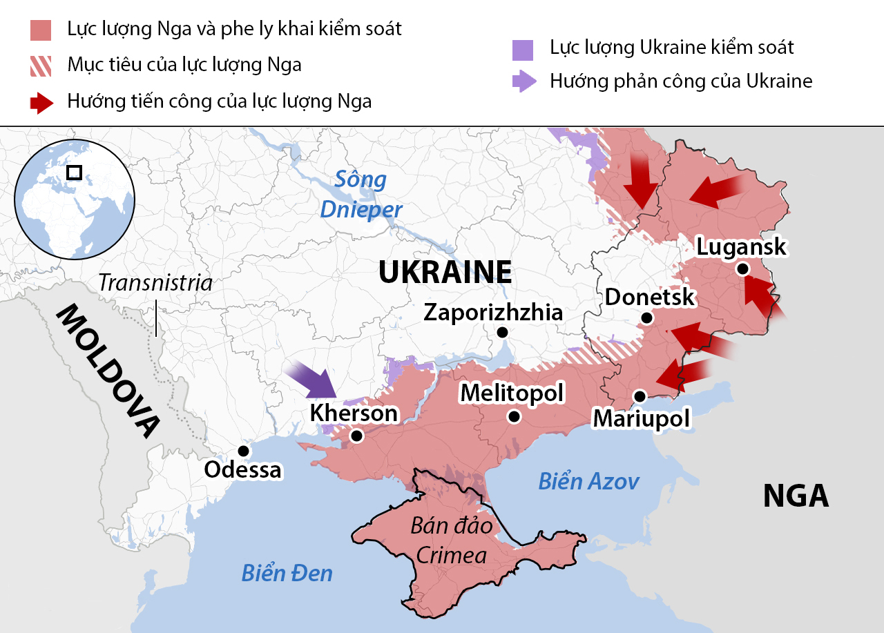 Cục diện chiến sự miền đông và miền nam Ukraine sau hơn 4 tháng giao tranh. Đồ họa: BBC.