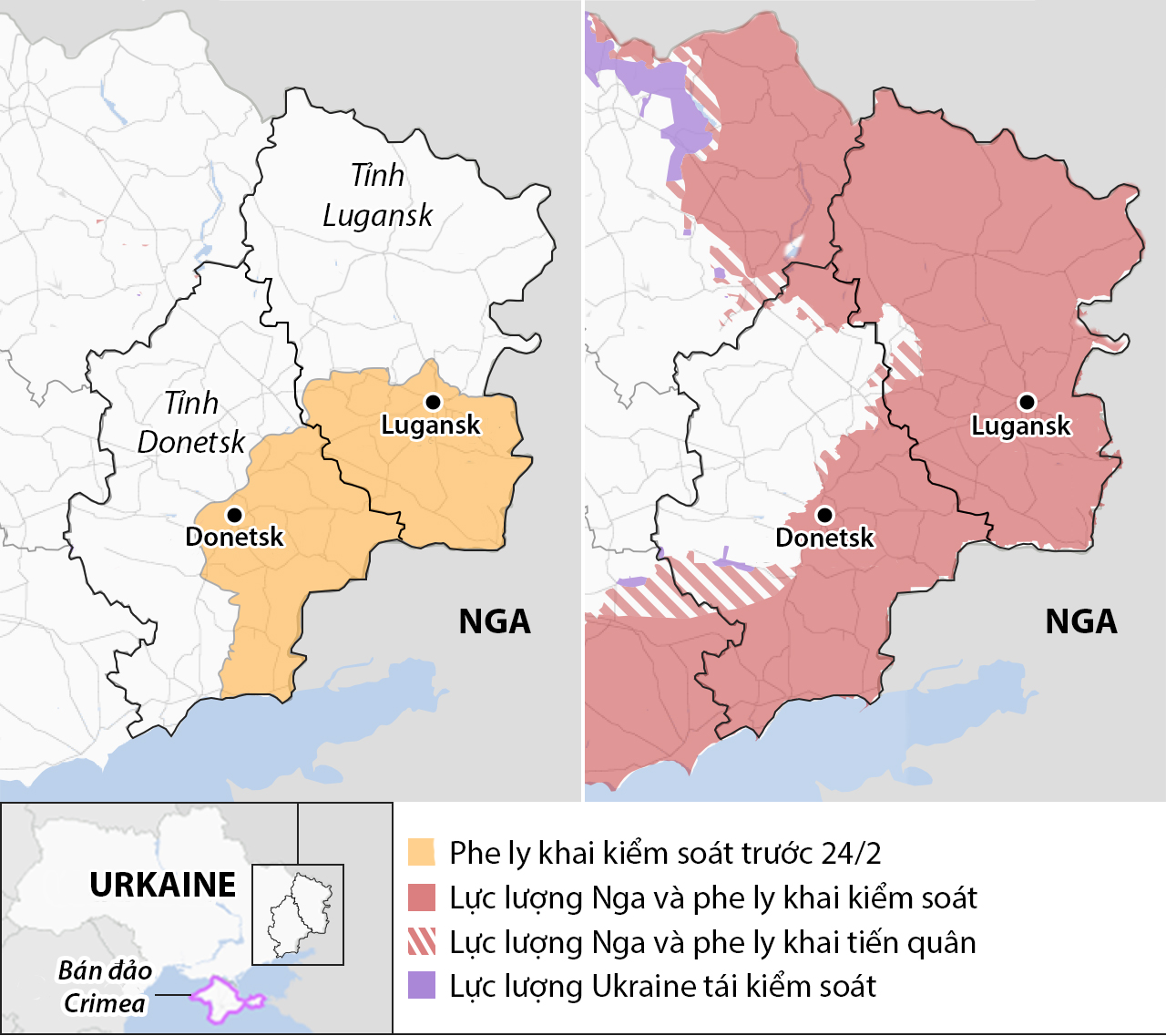 Cục diện vùng Donbass trước 24/2 (trái) và sau hơn 4 tháng chiến sự (phải). Đồ họa: BBC.