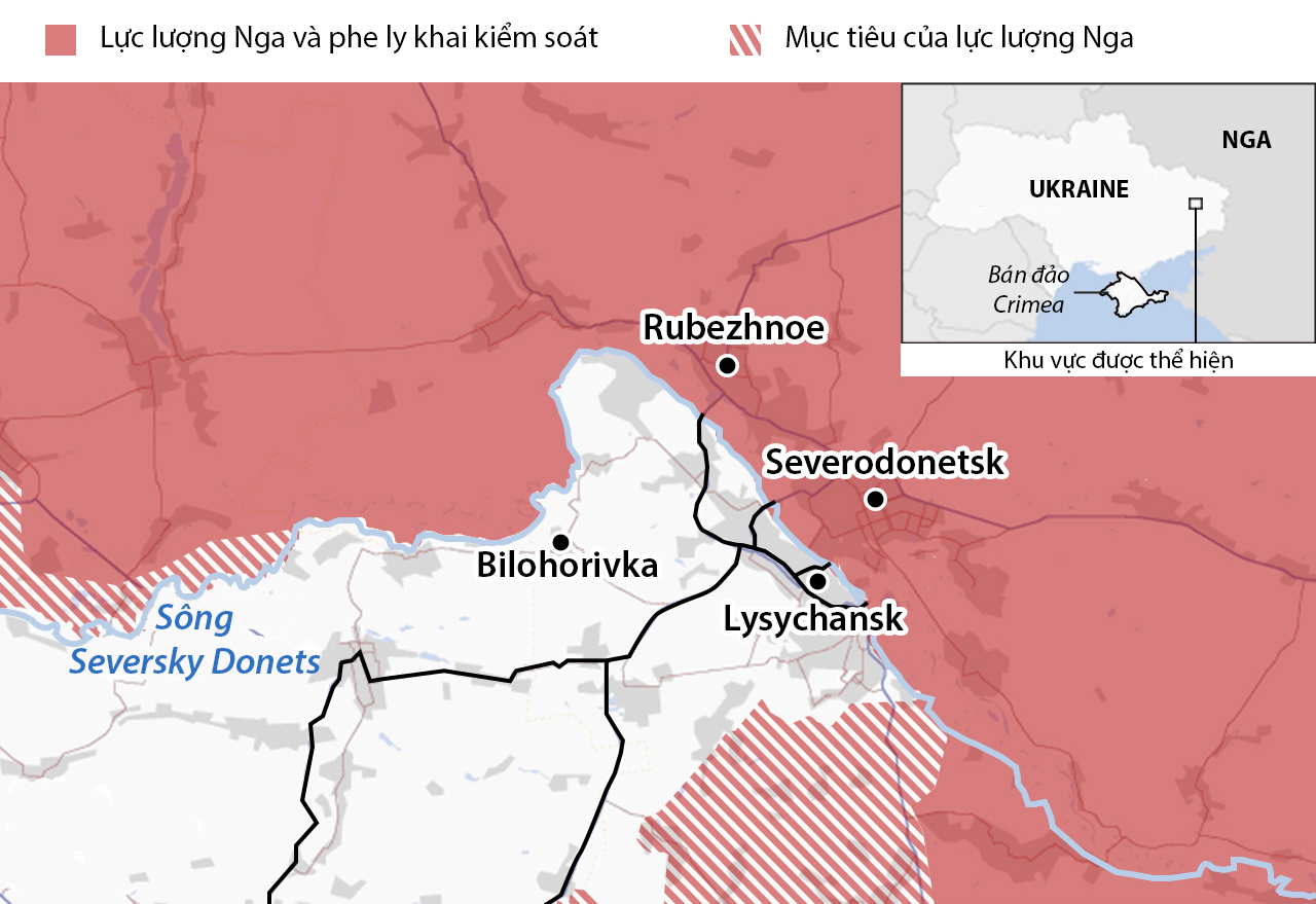 Cục diện chiến sự gần thành phố Severodonetsk và Lysychansk. Đồ họa: BBC.