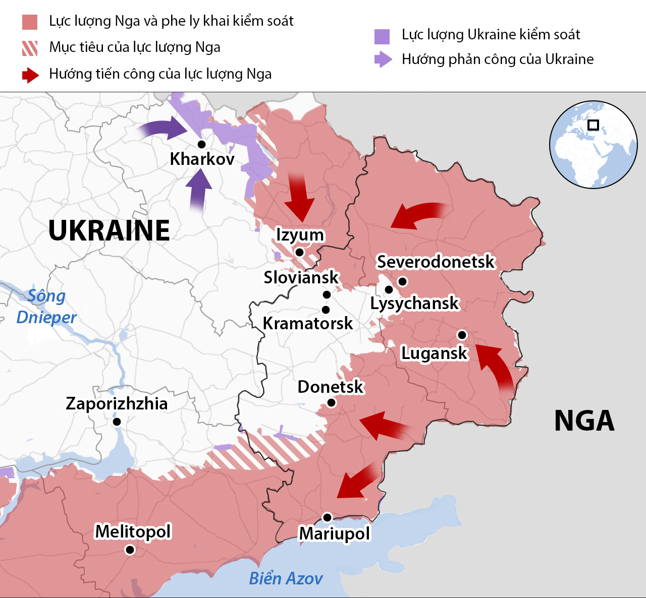 Cục diện chiến sự miền đông Ukraine sau hơn 4 tháng giao tranh. Đồ họa: BBC.