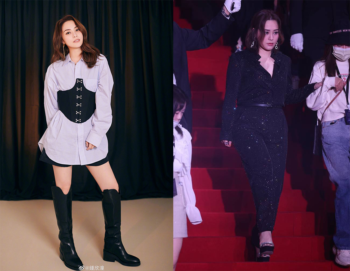 Hân Đồng hồi tháng 6 (trái) và tại sự kiện tháng 5/2021. Trên Chinapress, diễn viên cho biết từ tháng 2 đến nay, cô giảm được khoảng 10kg, nhờ vậy tự tin hơn khi diện quần short, trang phục hở bụng.