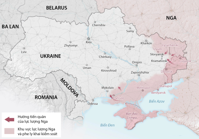 Cục diện chiến trường Ukraine sau khi Nga kiểm soát Lysychansk. Đồ họa: Washington Post.