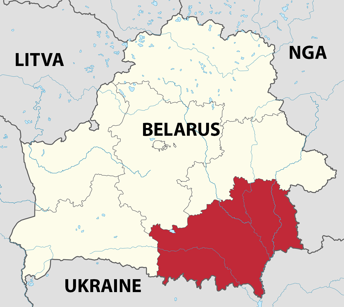 Vị trí tỉnh  Gomel của Belarus (màu đỏ). Đồ họa: Wikimedia.