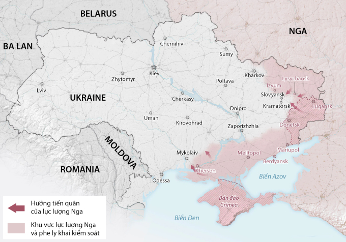 Cục diện chiến trường Ukraine sau hơn 4 tháng giao tranh. Đồ họa: Washington Post.