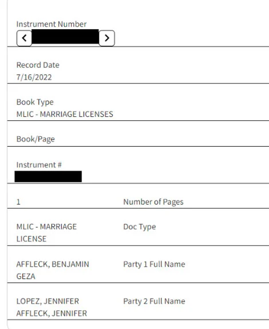 Giấy đăng ký kết hôn của Jennifer Lopez và Ben Affleck. Ảnh: TMZ