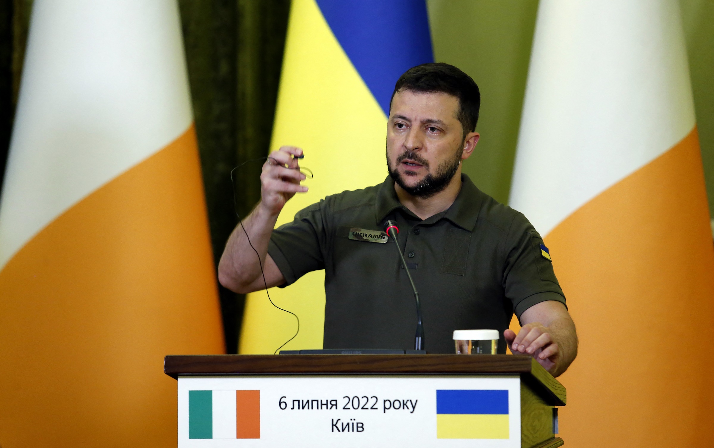 Kiev, Ukraine - July 6, 2022 - President of Ukraine Volodymyr Zelenskyy attends a joint press conference with Prime Minister of the Republic of Ireland Micheal Martin, Kyiv, capital of Ukraine. This photo cannot be distributed in the Russian Federation. Photo by Ruslan Kaniuka/Ukrinform/ABACAPRESS.COMNo Use Russia.