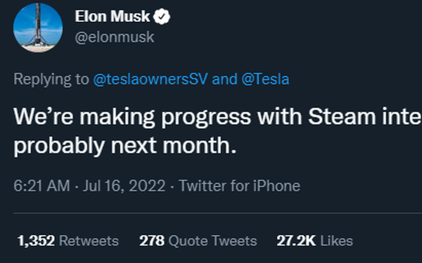Tesla chuẩn bị tích hợp Steam lên xe điện, Elon Musk hứa tháng sau sẽ có bản thử nghiệm  - Ảnh 1.