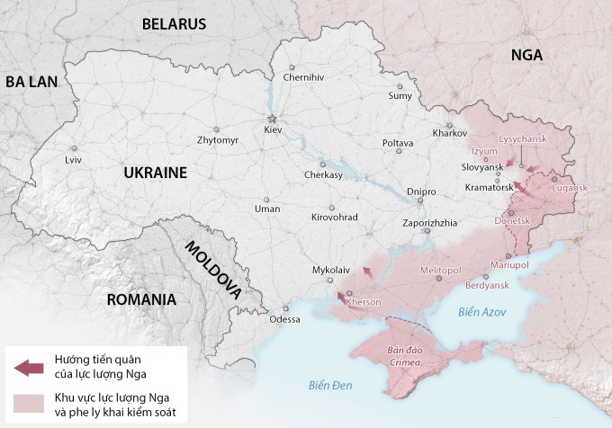 Cục diện chiến trường Ukraine sau hơn 4 tháng giao tranh. Đồ họa: Washington Post.