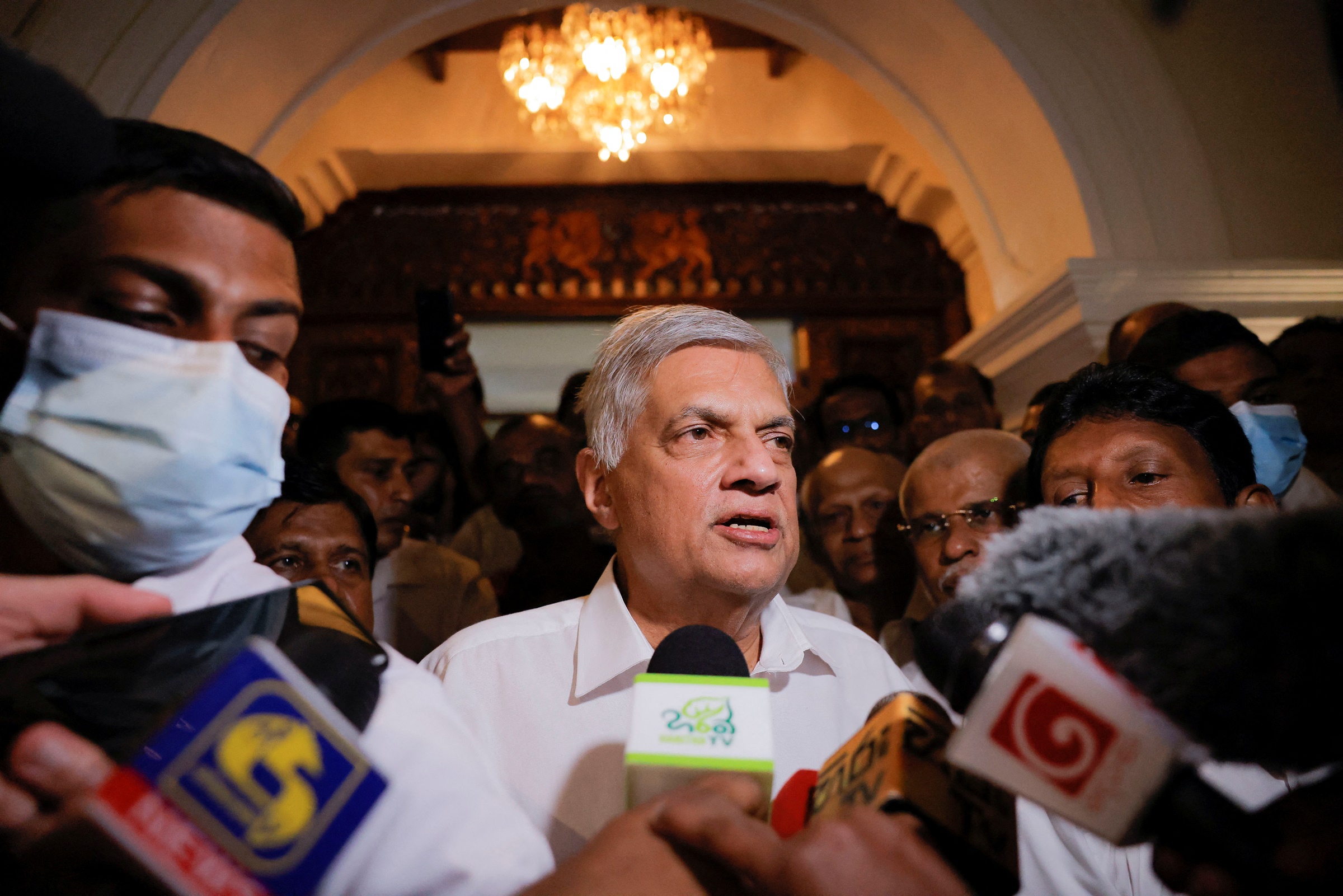 Ranil Wickremesinghe who has been elected as the Eighth Executive President under the Constitution speaks to media as he leaves a Buddhist temple, amid the countrys economic crisis, in Colombo, Sri Lanka July 20, 2022. REUTERS/ Dinuka Liyanawatte