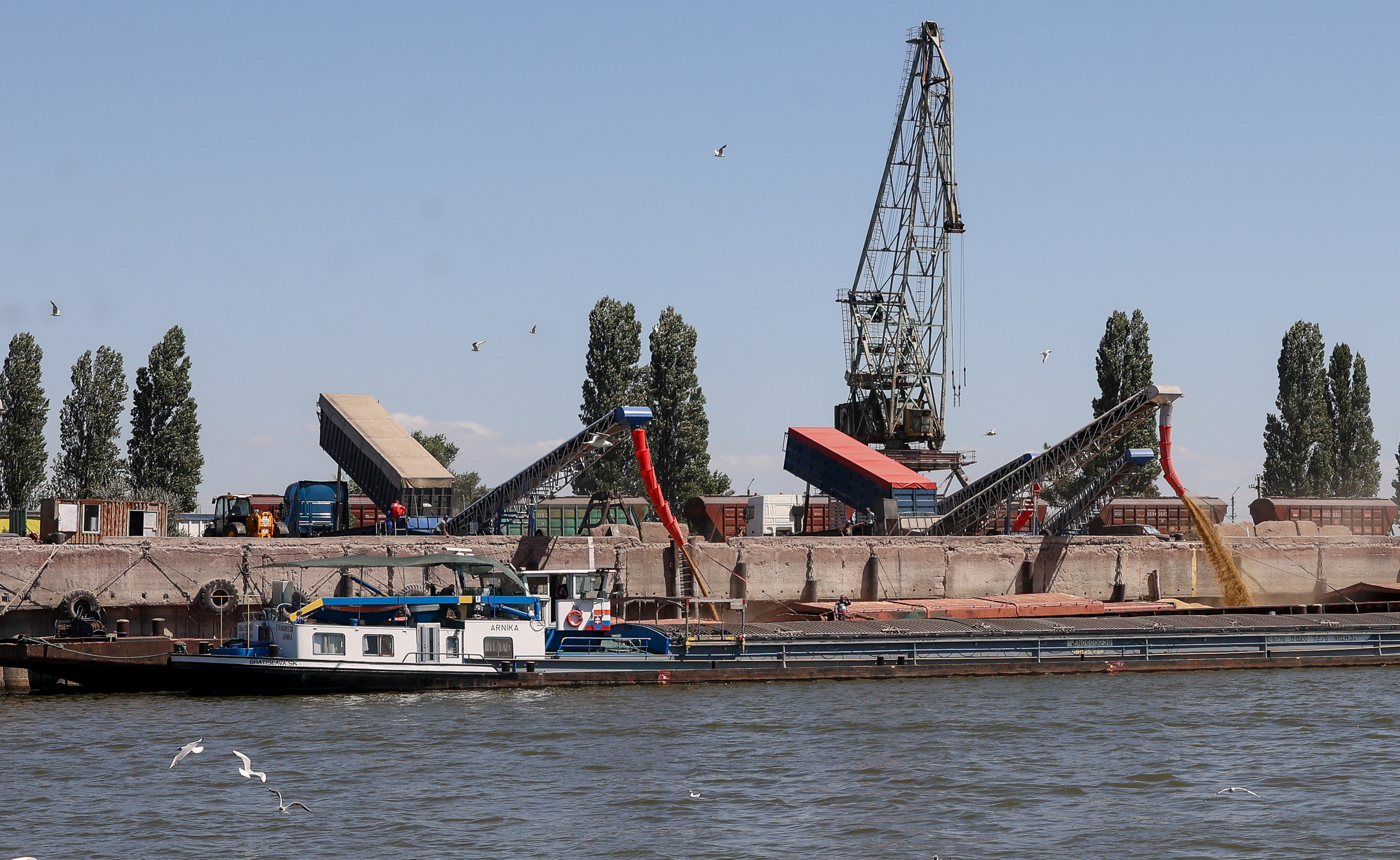 Ngũ cốc được chuyển lên sà lan tại cảng Reni, tỉnh Odessa, Ukraine ngày 21/7. Ảnh: Reuters.