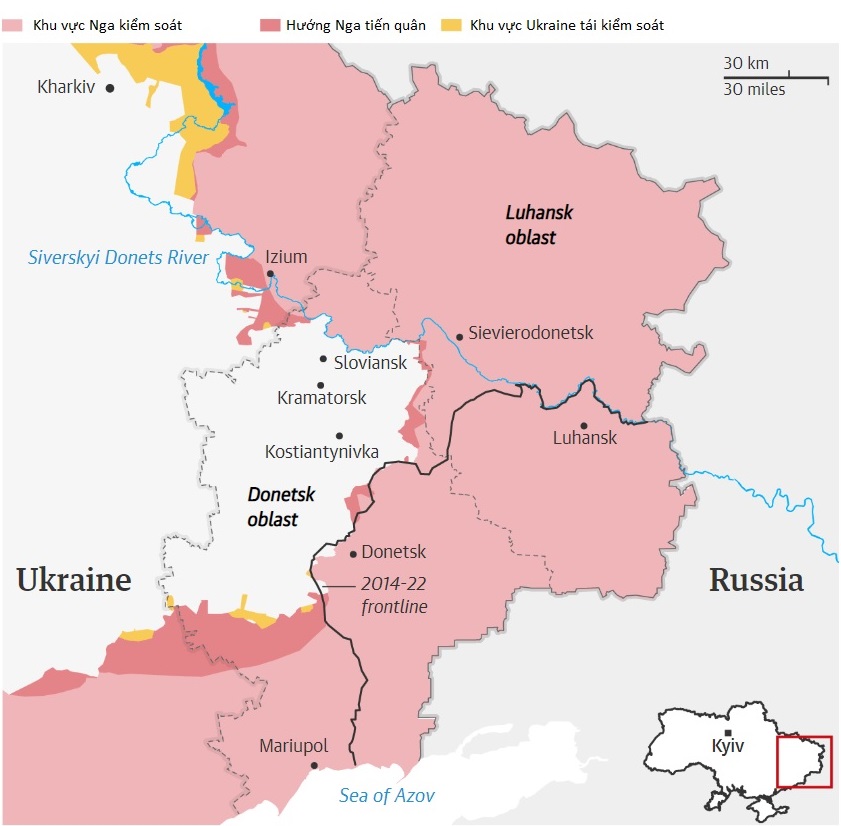 Cục diện chiến trường khu vực Donbass, miền đông Ukraine. Đồ họa: Guardian.