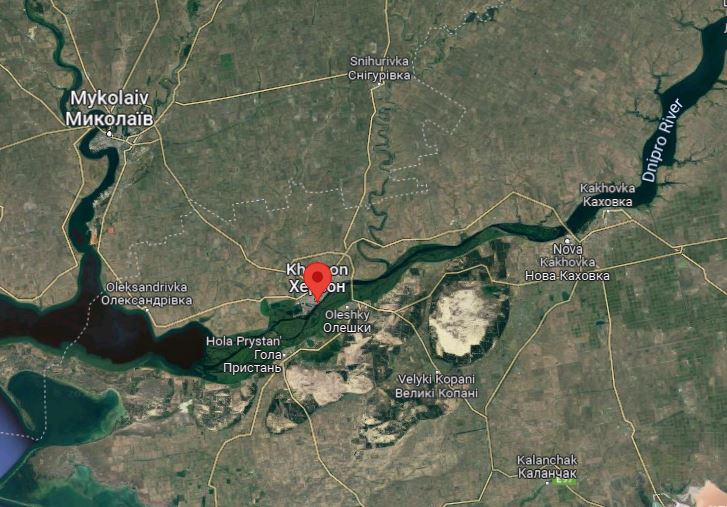 Thành phố Kherson (chấm đỏ) nằm trên bờ phía tây sông Dnipro. Đồ họa: Google Maps.