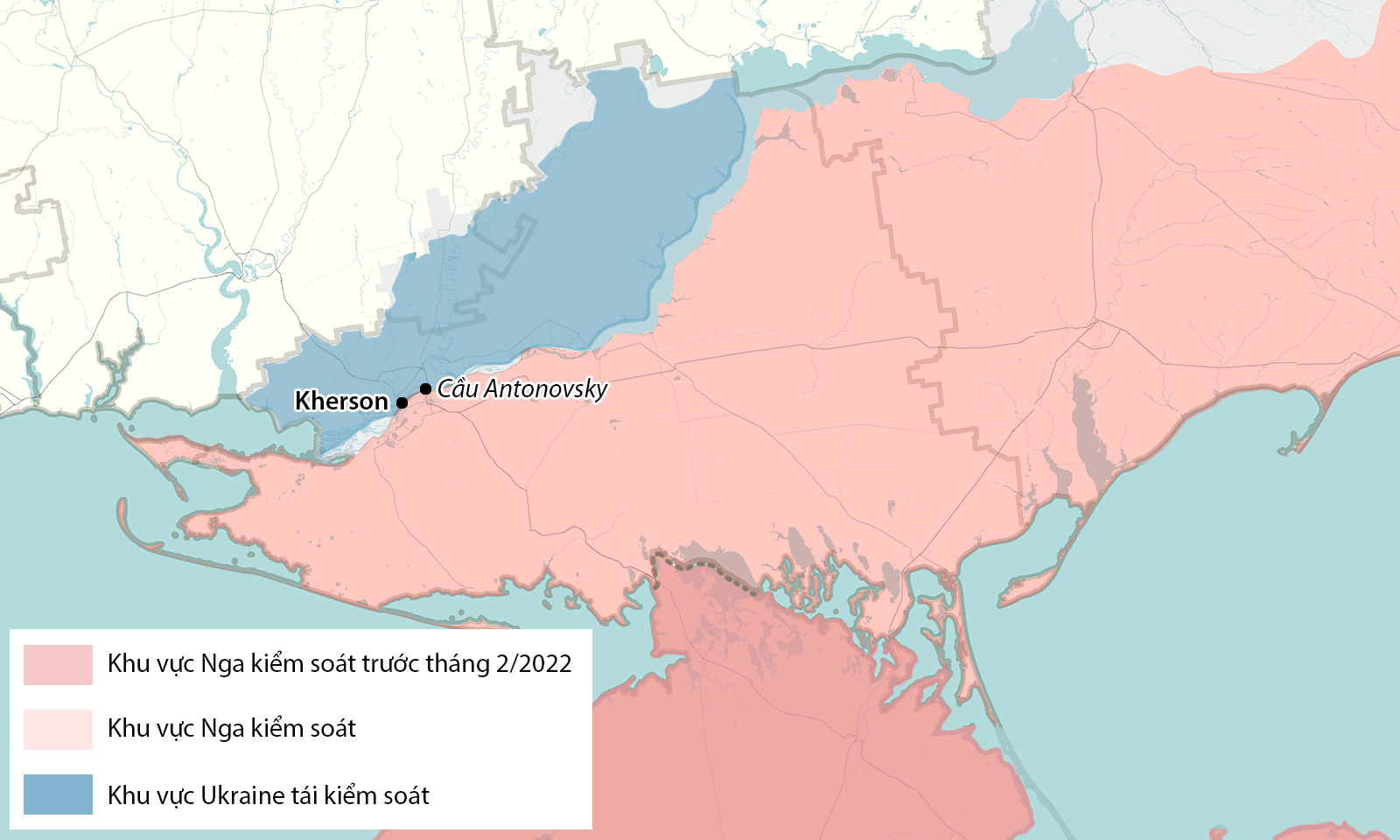 Vị trí cầu Antonovsky và thành phố Kherson. Đồ họa: RYV