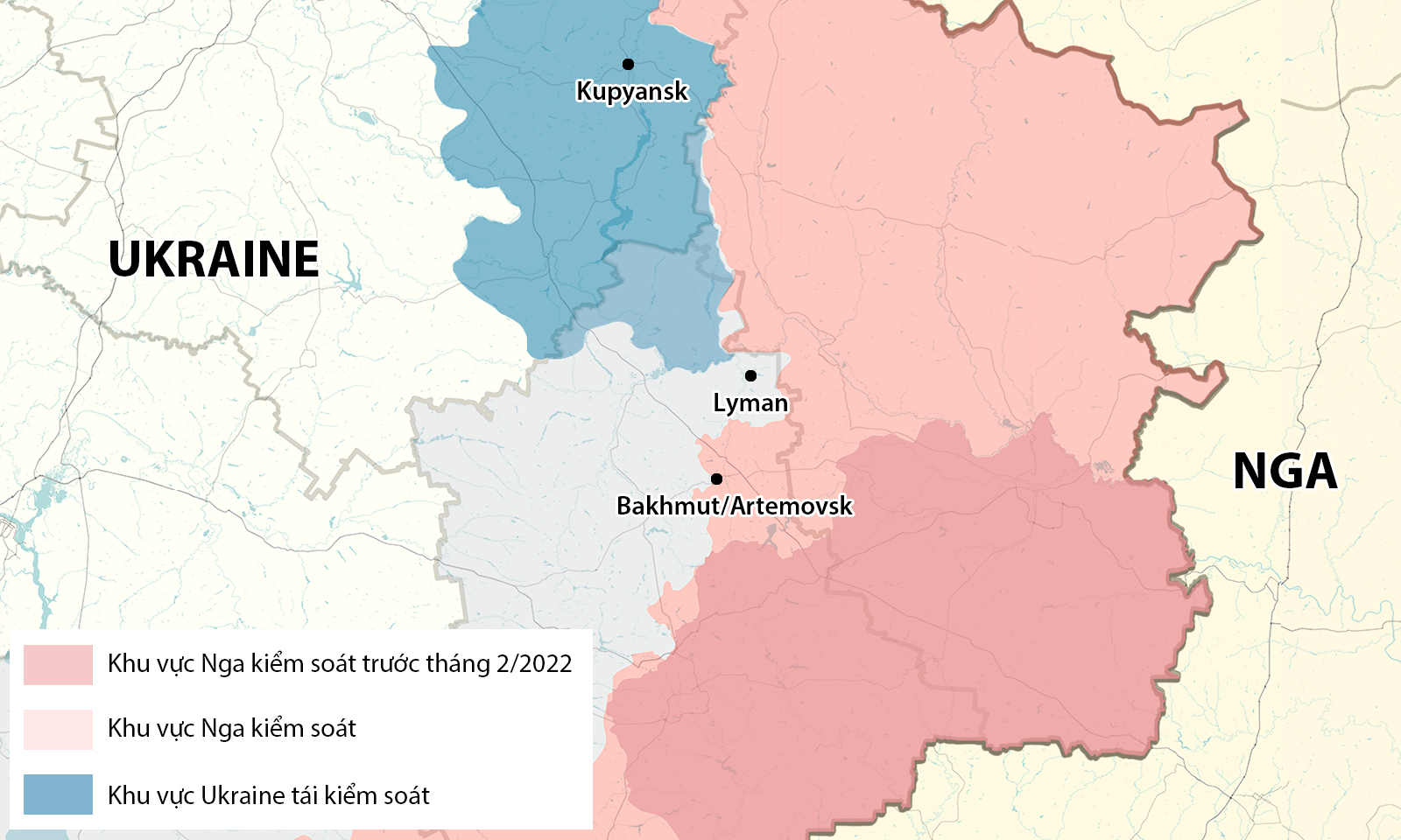 Vị trí thành phố Bakhmut/Artemovsk, Lyman và Kupyansk. Đồ họa: RYV