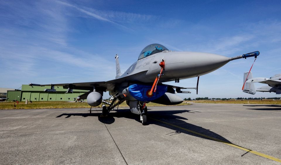 An F-16 combat jet of the US Airforce is prepared for practice flights ahead of the Air Defender Exercise 2023 at the military airport of Jagel, northern Germany, on June 9, 2023. AXEL HEIMKEN/Pool via REUTERS/File Photo