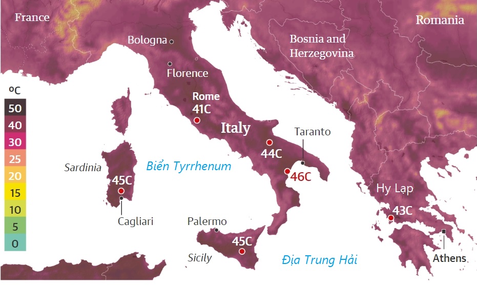 Dự báo nhiệt độ Italy tuần tới. Đồ họa: Guardian
