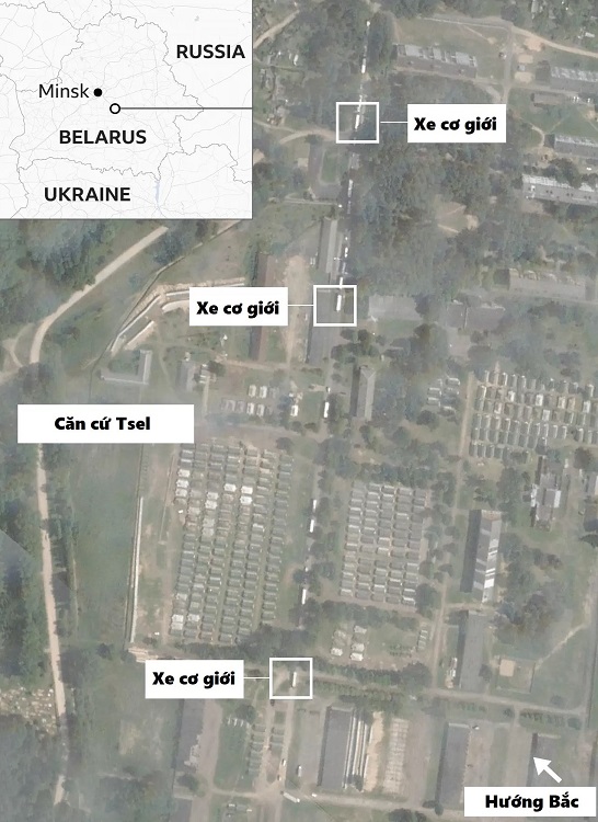 Đoàn xe và khu trại của Wagner tại căn cứ Tsel trong ảnh vệ tinh hôm 17/7. Ảnh: lanet Labs
