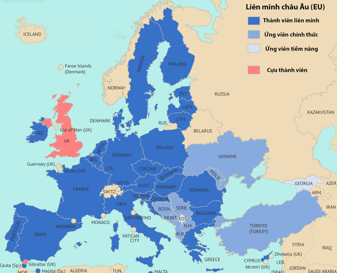 Vị trí các nước thành viên và ứng viên EU. Đồ họa: