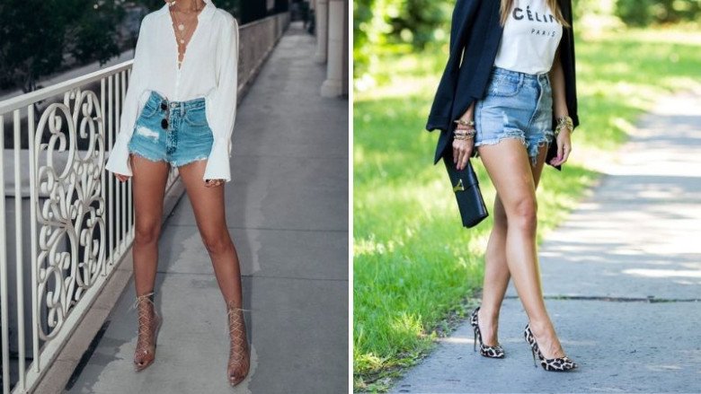 Điểm nhấn trong trang phục này là sự kết hợp hoàn hảo giữa quần short denim và giày cao gót.