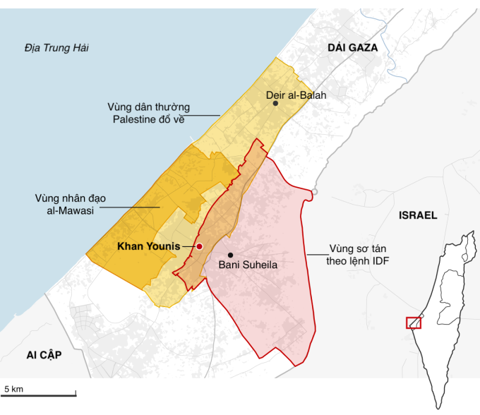 Vị trí Khan Younis, khu vực tác chiến của Israell và vùng nhân đạo al-Mawasi đã được điều chỉnh ranh giới. Đồ họa: Guardian