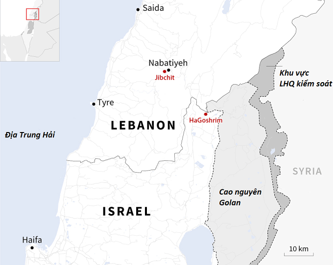 Vị trí khu dân cư HaGoshrim, Israel và thị trấn Jibchit, Lebanon. Đồ họa: AFP