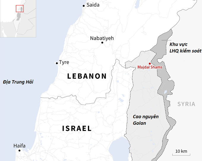 Vị trí thị trấn Majdal Shams, Israel và Lebanon. Đồ họa: AFP