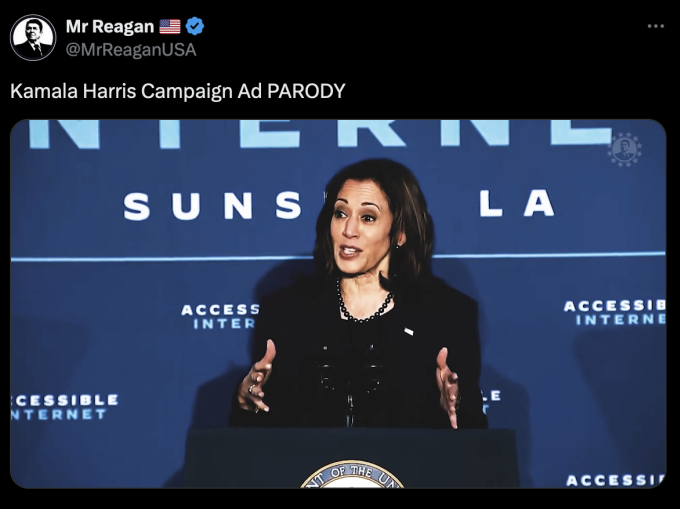 Bài viết gốc trên tài khoản MrReaganUSA mô tả video châm biếm nhại lại nội dung vận động tranh cử của Phó tổng thống Kamala Harris. Ảnh chụp màn hình