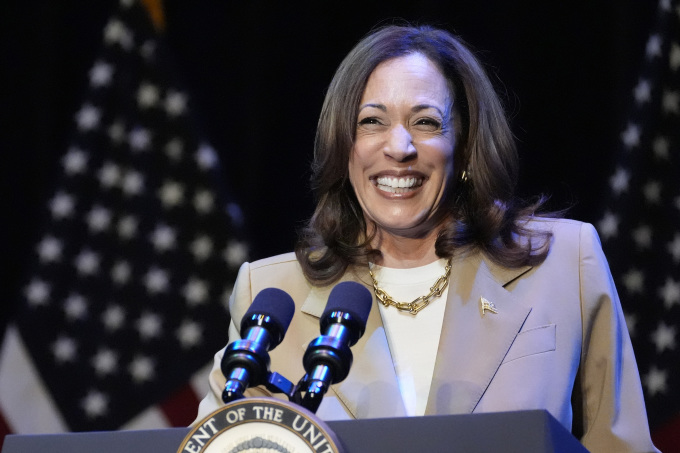 Phó tổng thống Mỹ Kamala Harris phát biểu ở Massachusetts ngày 27/7. Ảnh: AP